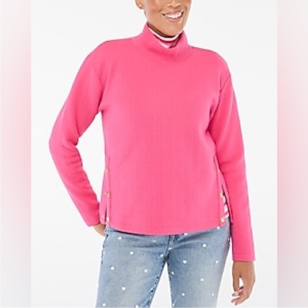 J. Crew Quilted Sweatshirt Mockneck Hot Pink Herringbone Gold Button XXS NWT